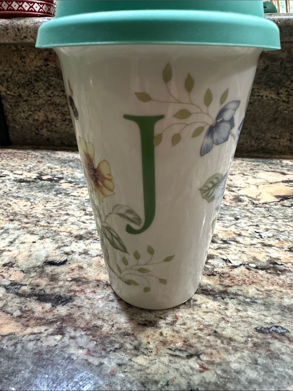 Lenox Ceramic Travel Mug with Green Monogram and Mint Lid